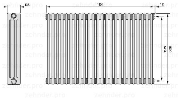 Схема (чертеж) Радиатор Zehnder Charleston 4150/24 №7610 Белый глянцевый RAL 9016